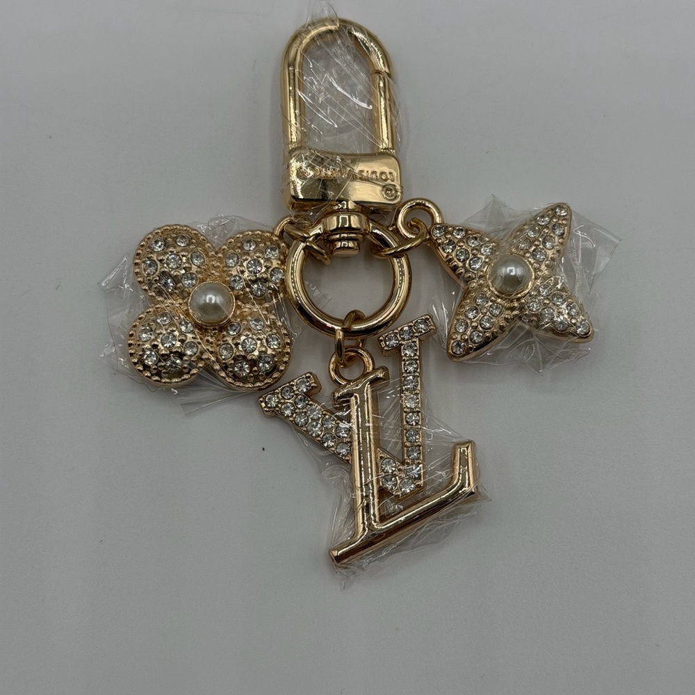 Upcycled Gold Crystal LV Charm Keychain with Floral and Star Pendants